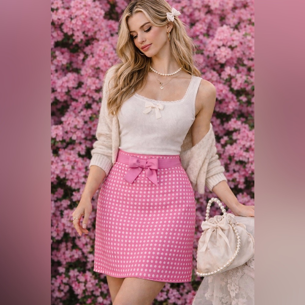 Pink‎ Polka Dot Skirt Coquette Y2K Preppy Girly Bow Mini Cottagecore Loft Sz 10